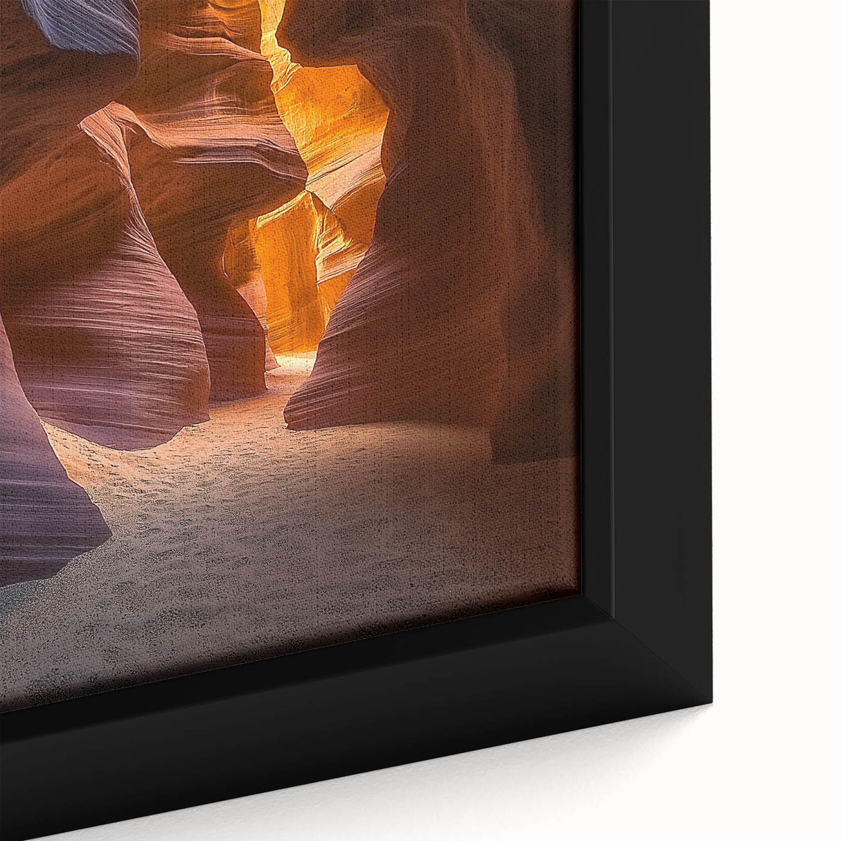 Close-up of a framed canvas depicting a vibrant desert landscape, showcasing warm tones of orange and yellow with intricate details of cacti and sand dunes, perfect for enhancing home decor.
