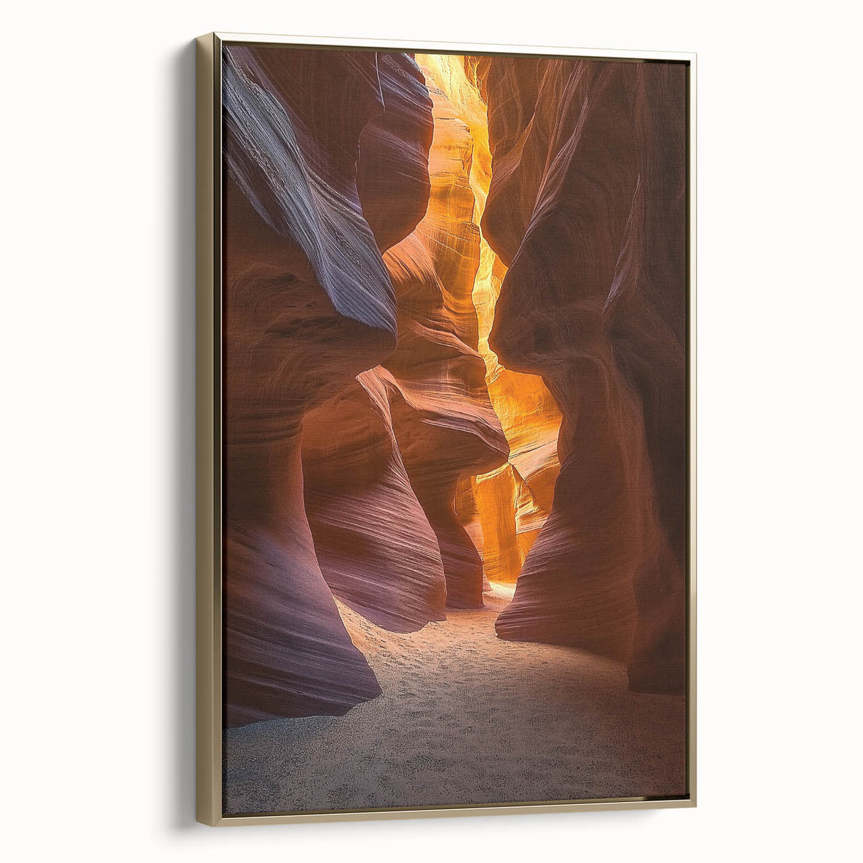 Framed canvas artwork showcasing a stunning desert landscape with gold accents, displayed from a side view, perfect for modern home decor and interior styling.