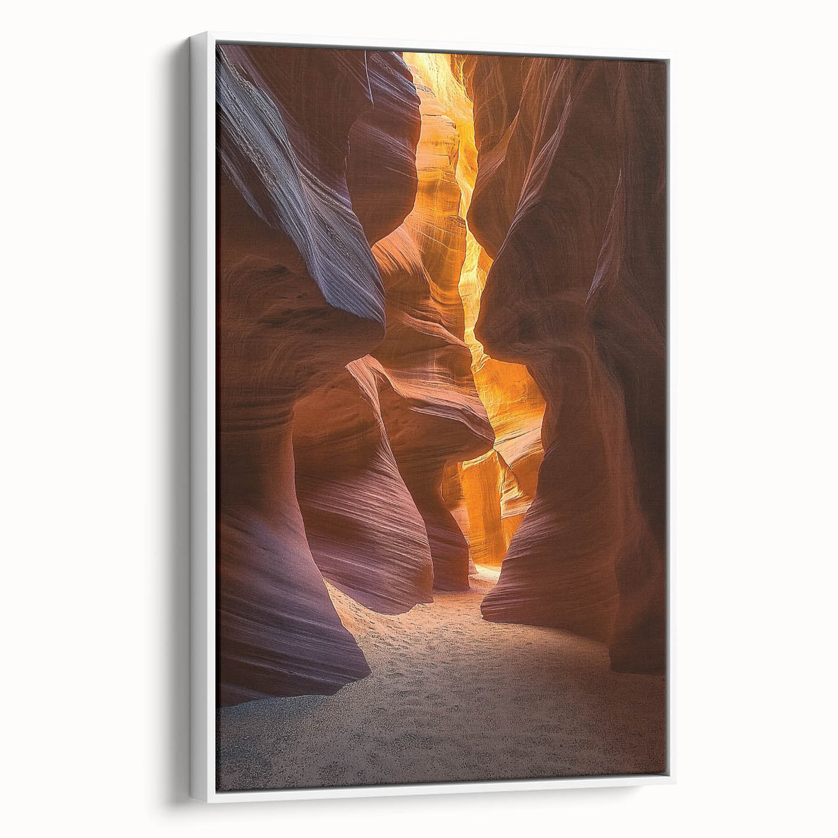 Framed canvas artwork depicting a vibrant desert landscape, showcasing warm hues of orange and yellow with a sleek white frame, ideal for modern home decor.