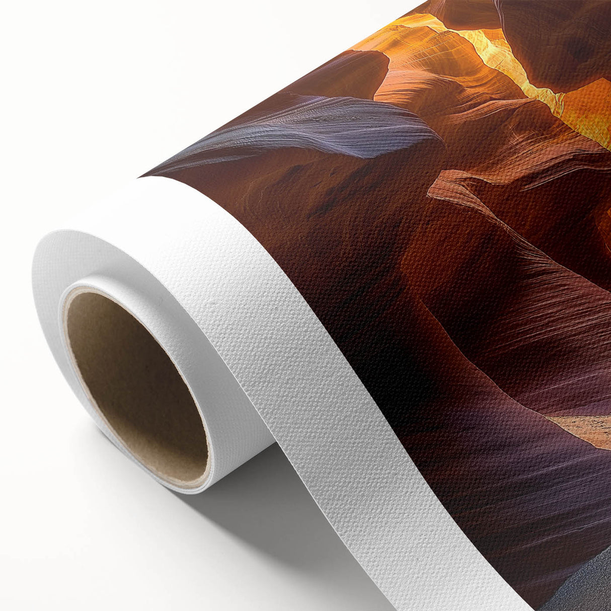 Desert landscape artwork on rolled canvas, showcasing vibrant orange and yellow hues against a serene blue sky, perfect for home decor enthusiasts seeking a warm, nature-inspired aesthetic.