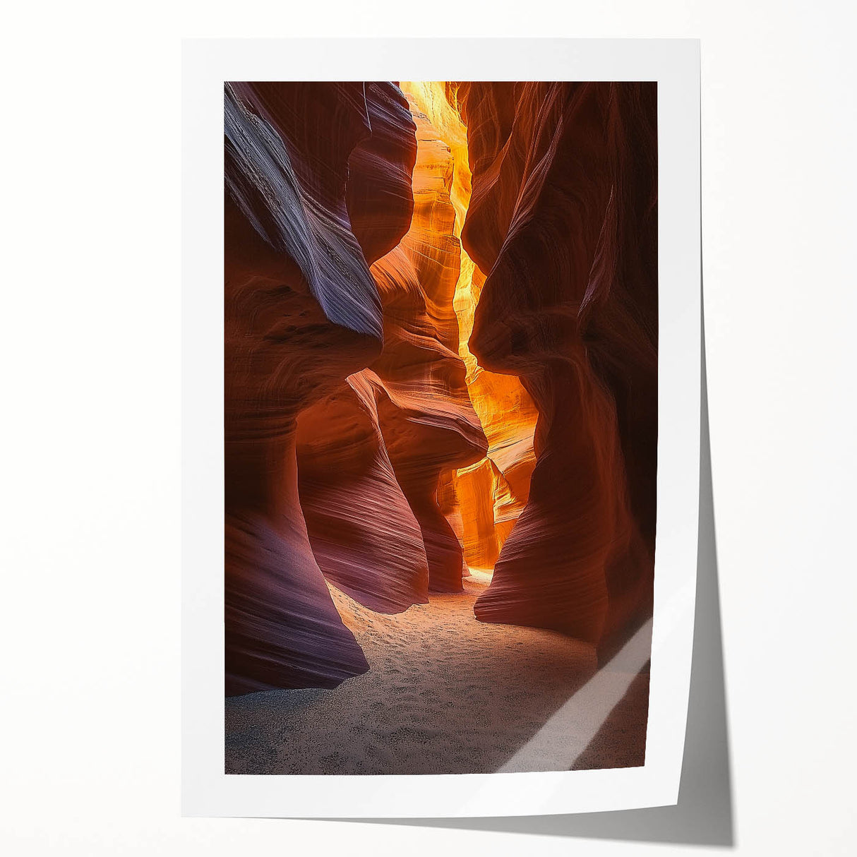 Desert landscape rolled print showcasing warm hues of orange and yellow under a vibrant blue sky, elegantly packaged in a protective cardboard tube. Ideal for home decor or art enthusiasts.