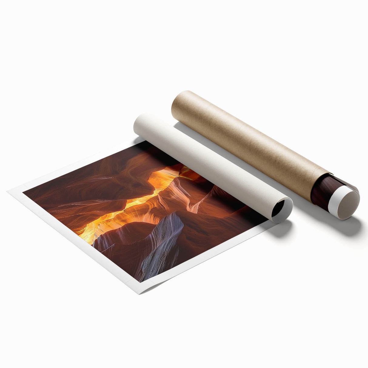 Desert landscape rolled print showcasing vibrant earthy tones and unique textures, elegantly packaged in a protective cardboard tube for easy display and transport. Ideal for enhancing home decor with a touch of nature-inspired artistry.