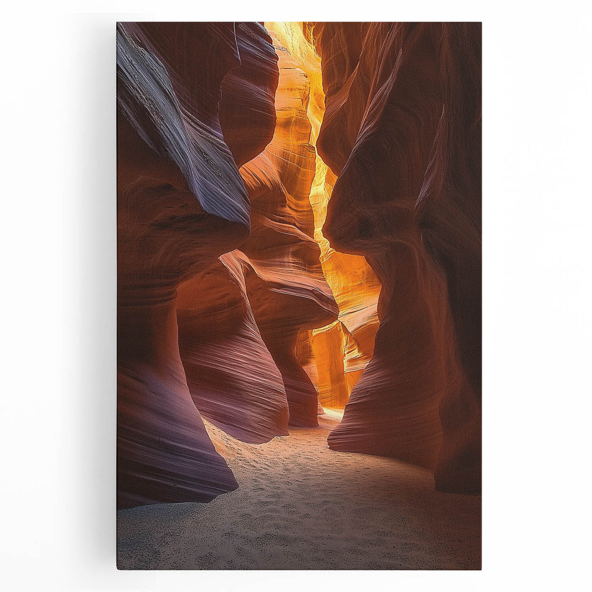 Desert landscape stretched canvas artwork showcasing vibrant hues of orange and yellow, depicting a serene sunset over arid terrain, ideal for home decor.