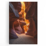Desert landscape stretched canvas artwork showcasing vibrant hues of orange and yellow, depicting a serene sunset over arid terrain, ideal for home decor.