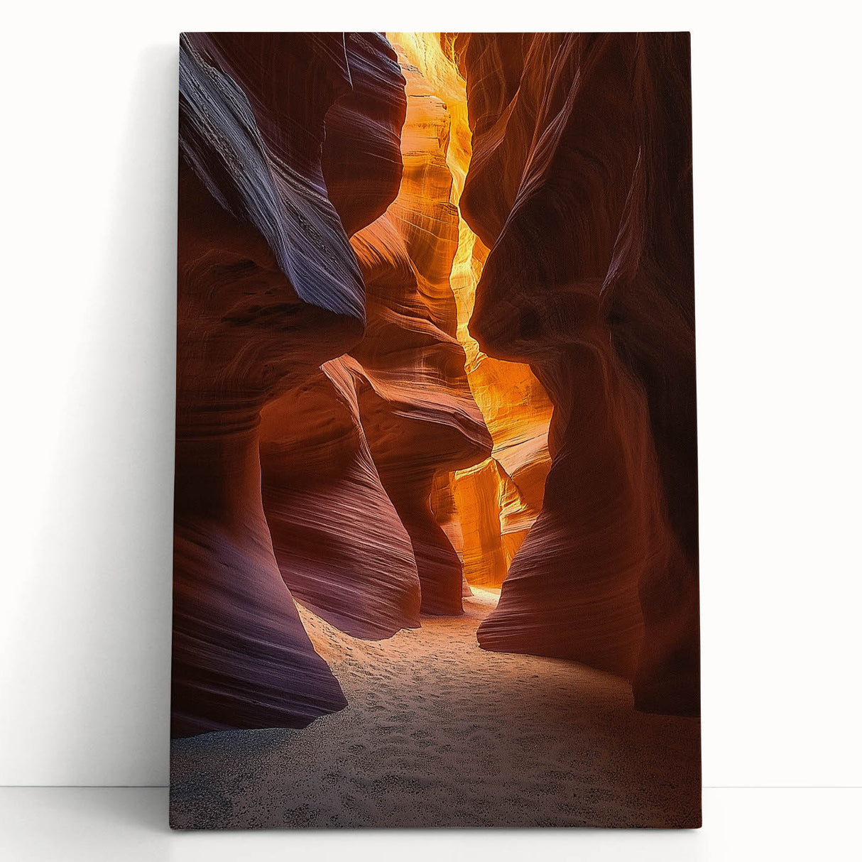 Desert landscape stretched canvas artwork featuring warm tones of orange and brown, showcasing a serene sunset over sandy dunes, perfect for home decor.