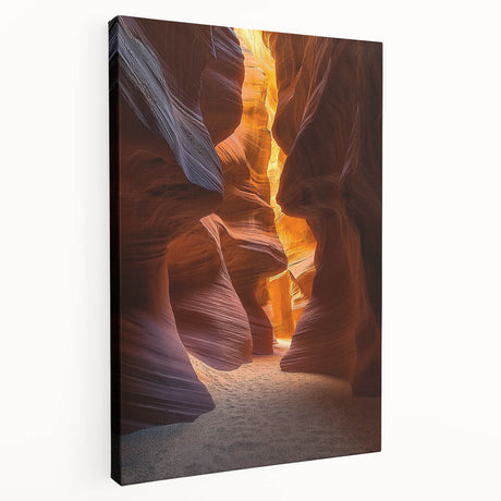 Stretched canvas artwork depicting a vibrant desert landscape with warm hues of orange and brown, showcasing cacti and rocky formations. Perfect for home decor.