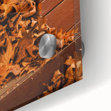 Large abstract wall art in warm autumn hues on acrylic glass, featuring mid-century modernist style.