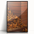 Large abstract wall art depicting autumnal hues in a mid-century modernist style, framed in black acrylic.