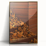 Large acrylic print of a mid-century modernist fall scene in gold and orange tones, ideal for modern art wall decor.