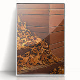 Art deco poster featuring a stylized fall scene in orange and brown tones, framed in white acrylic.