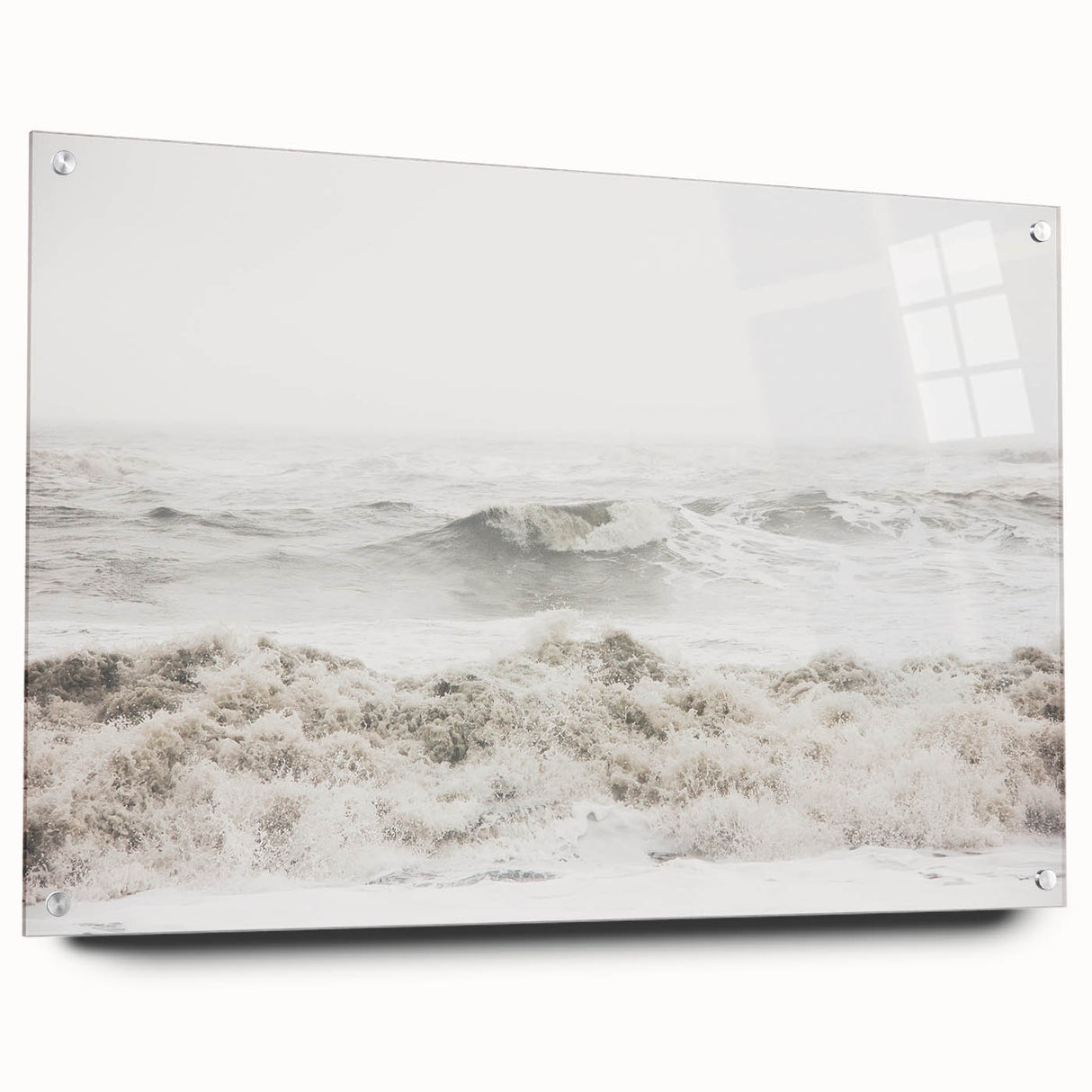 Large abstract wall art on acrylic, featuring swirling blue and white patterns, suitable for bedroom or dining room decor.