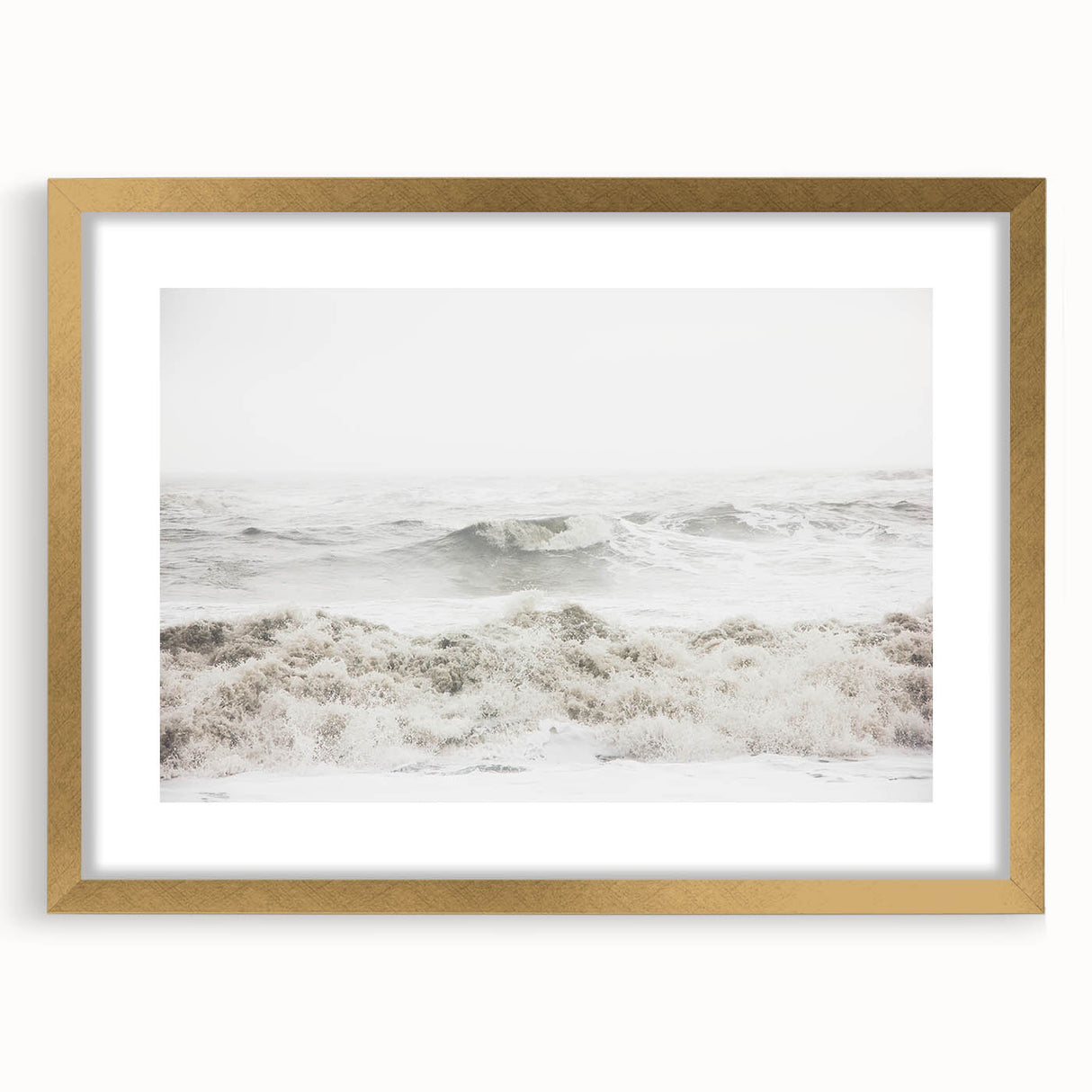Extra large abstract art print featuring textured swirls in gold and white tones on a framed canvas.