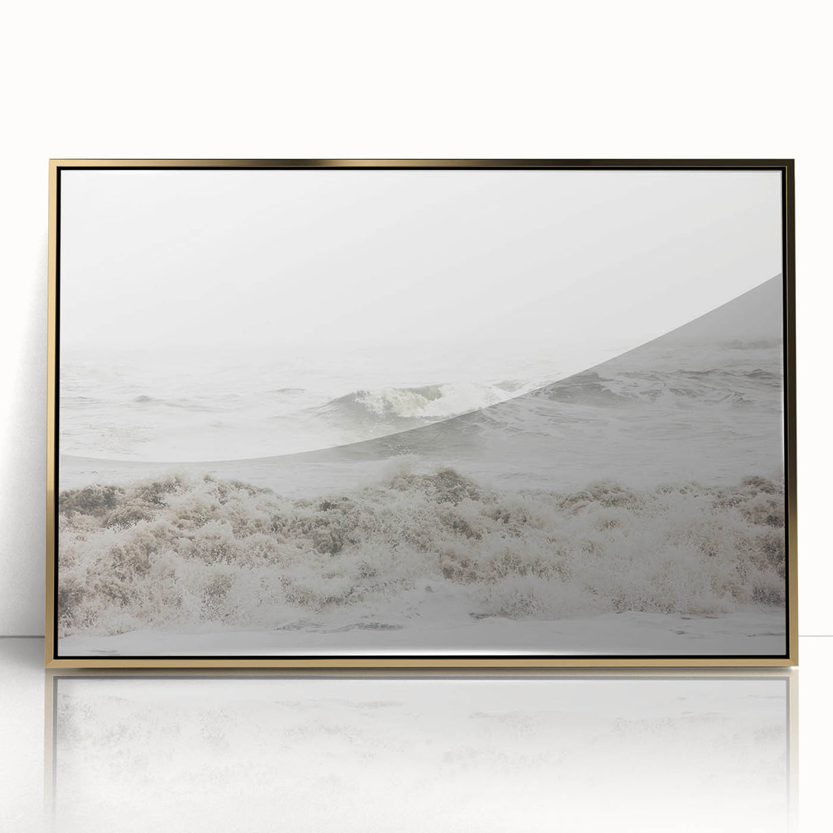 Large art print of a mid-century modernist abstract design in gold and white tones on acrylic.