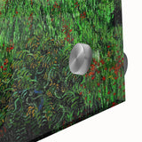 Large abstract wall art print on acrylic glass featuring swirling blue and yellow tones, ideal for dining room ambiance.