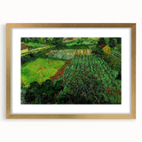 Abstract art print featuring swirling blue and yellow patterns, framed in gold, suitable for bedroom or dining room decor.