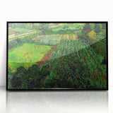 Framed acrylic print of a large abstract wall art piece featuring swirling blue and yellow patterns.