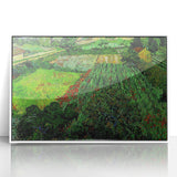 Mid-century modernist art depicting a starry night scene in vibrant blue and yellow tones on a framed acrylic print.