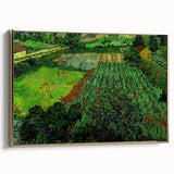 Vintage poster art of a landscape painting on a framed canvas, featuring muted earth tones, ideal for bedroom wall decor.