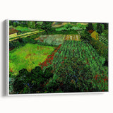 Vintage poster art of Van Gogh's painting on a large framed canvas, featuring vibrant colors against a black background.