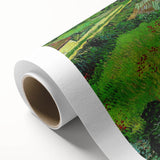 Art deco style poster of Van Gogh's Starry Night on rolled canvas, featuring swirling blue and yellow tones.