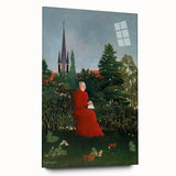 Modern Wall Art: Serene Portrait of Woman in Red with Verdant Landscape