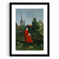 Modern Wall Art: Serene Portrait of Woman in Red with Verdant Landscape