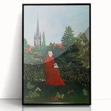 Modern Wall Art: Serene Portrait of Woman in Red with Verdant Landscape