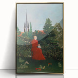 Modern Wall Art: Serene Portrait of Woman in Red with Verdant Landscape