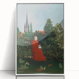 Modern Wall Art: Serene Portrait of Woman in Red with Verdant Landscape