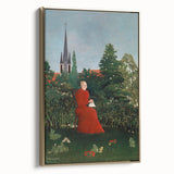 Modern Wall Art: Serene Portrait of Woman in Red with Verdant Landscape