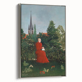 Modern Wall Art: Serene Portrait of Woman in Red with Verdant Landscape