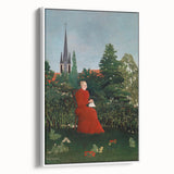 Modern Wall Art: Serene Portrait of Woman in Red with Verdant Landscape