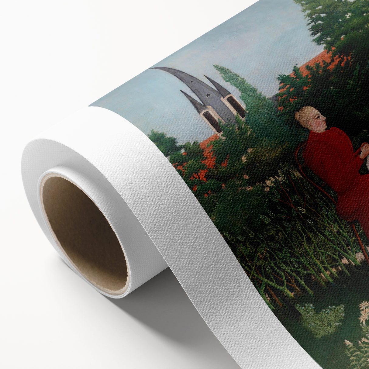 Modern Wall Art: Serene Portrait of Woman in Red with Verdant Landscape