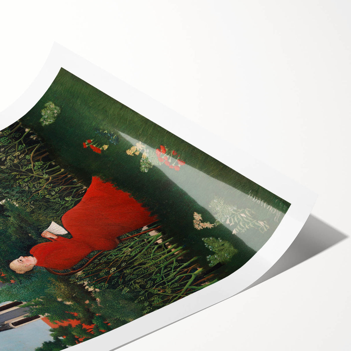 Modern Wall Art: Serene Portrait of Woman in Red with Verdant Landscape