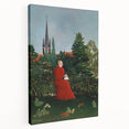 Modern Wall Art: Serene Portrait of Woman in Red with Verdant Landscape
