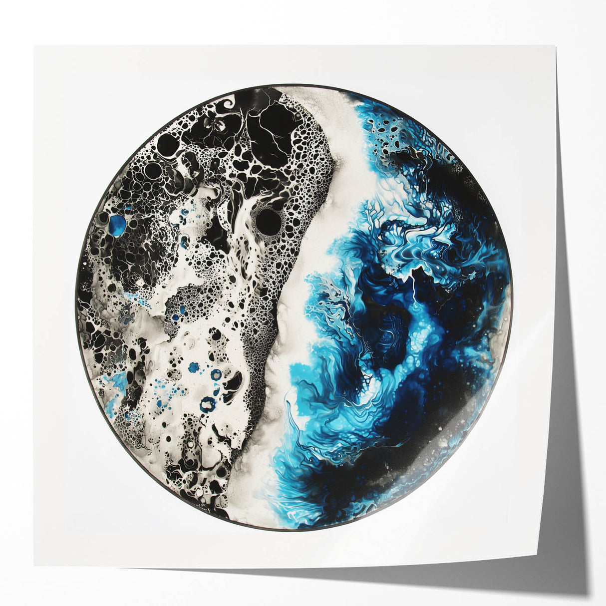 Abstract geometric photo print mockup set showcasing glossy surfaces with vibrant colors, ideal for modern home decor. Features bold shapes and intricate designs, perfect for art enthusiasts and interior designers seeking stylish display options.