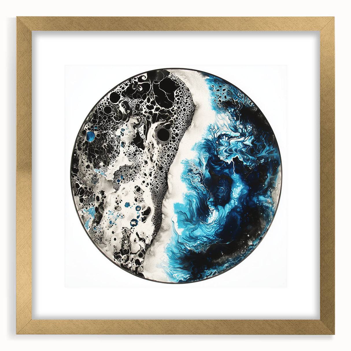 Abstract geometric frame featuring a gold mat, showcasing a modern design with sharp angles and vibrant colors, ideal for contemporary home decor.