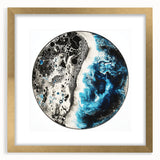 Abstract geometric frame featuring a gold mat, showcasing a modern design with sharp angles and vibrant colors, ideal for contemporary home decor.