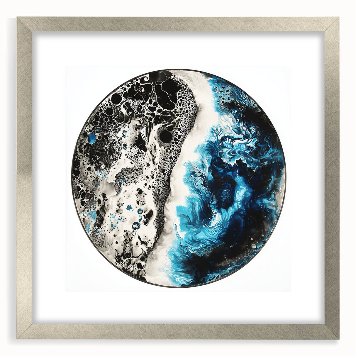 Abstract geometric frame in silver, showcasing a modern design with a mat, ideal for enhancing contemporary decor. The frame's sharp lines and reflective surface add elegance to any artwork displayed within. Perfect for galleries or home interiors.