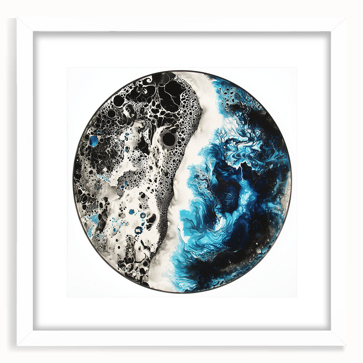 Abstract geometric frame in a white mat, showcasing a modern design with clean lines and vibrant colors, ideal for contemporary home decor. Perfect for adding a stylish touch to living spaces or offices.
