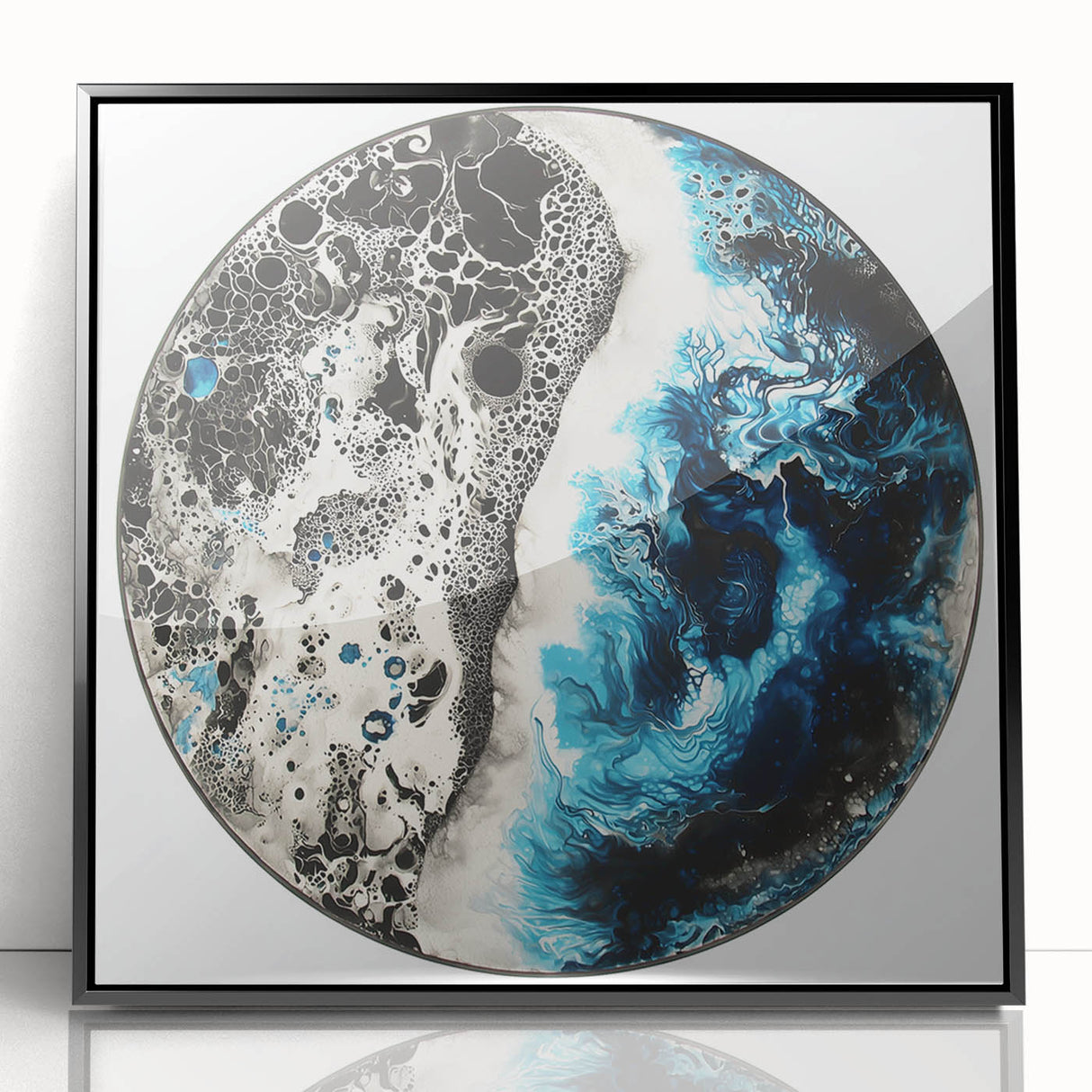 Framed abstract geometric wall art in black acrylic, showcasing sharp angles and modern design, perfect for contemporary home decor. Ideal for stylish living spaces.