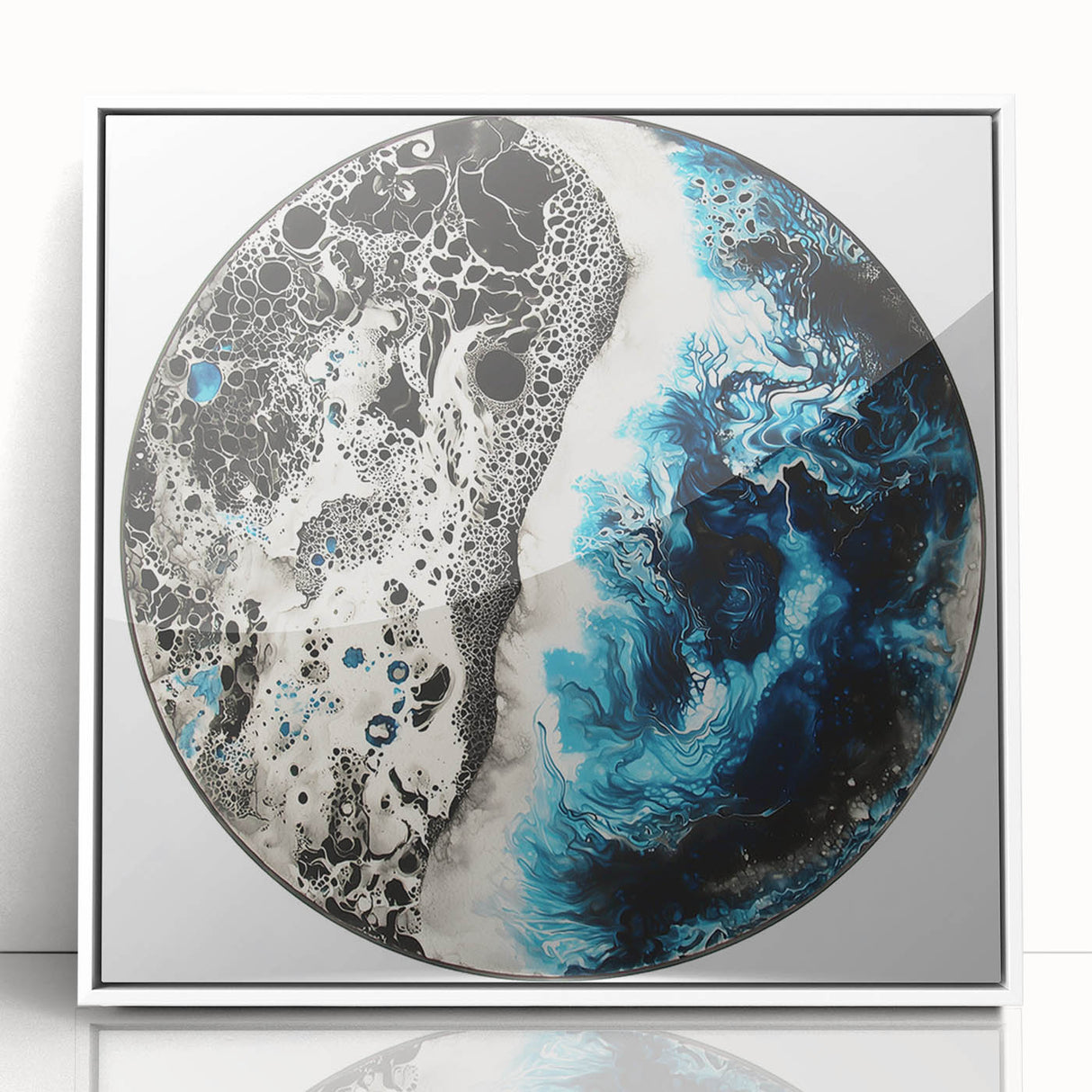 Abstract geometric framed acrylic artwork showcasing a modern design with a white backdrop, perfect for contemporary home decor. Ideal for minimalist aesthetics and enhancing living spaces.