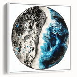 Abstract geometric framed canvas artwork displayed in a contemporary setting, featuring dynamic shapes and a white color palette to enhance modern interiors.