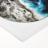 Abstract geometric rolled canvas showcasing vibrant blue, orange, and yellow patterns, perfect for modern home decor, packaged securely in a protective tube.