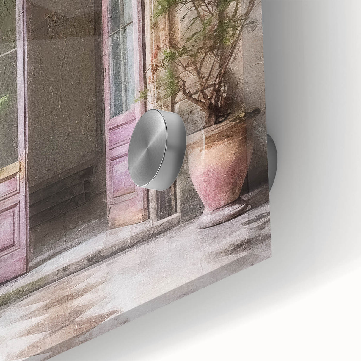 Mid-century modernist acrylic print of an abstract door design in neutral tones, ideal for dining room art.