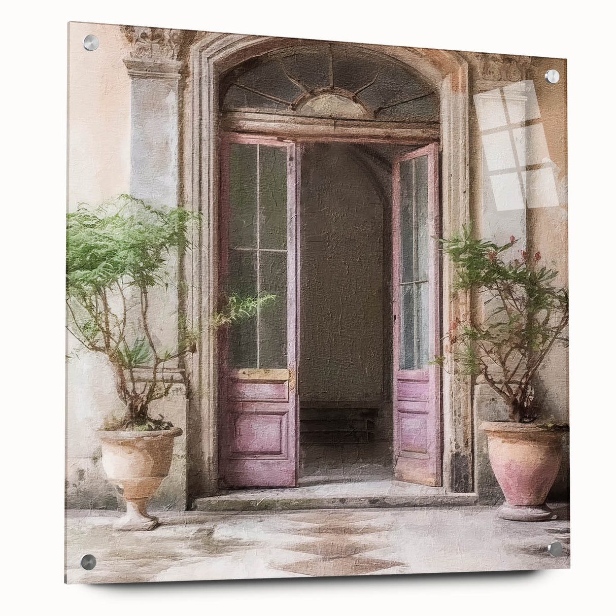 Acrylic print of a large abstract architectural design featuring a French door, ideal for dining room or bedroom wall decor.