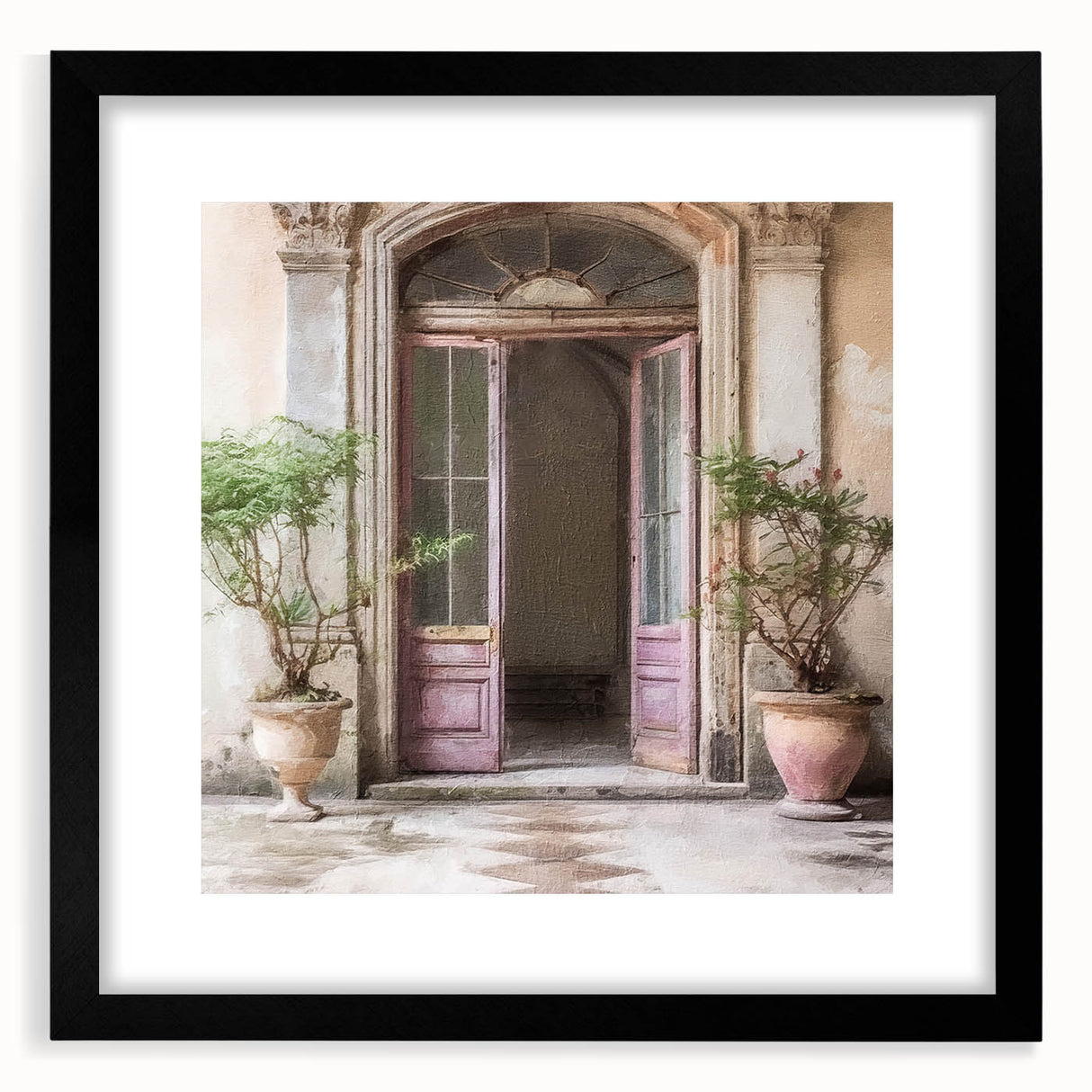 Abstract art print featuring a textured, colorful depiction of a French door, set in a black frame with mat.