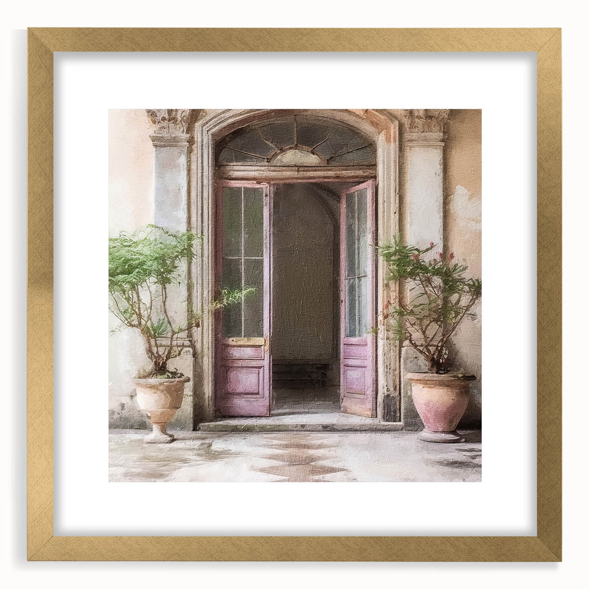Extra large abstract art print featuring textured design of a French door, in a gold frame, suited for living room decor.