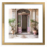 Extra large abstract art print featuring textured design of a French door, in a gold frame, suited for living room decor.