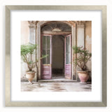 Textured abstract art print of a French door in muted gray, framed in silver, ideal for bedroom art.